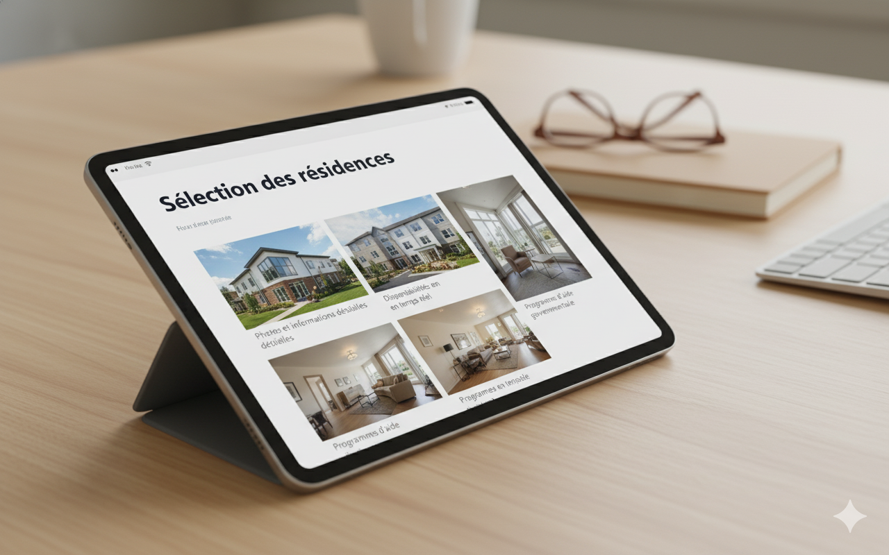 Famille regardant des photos de résidences